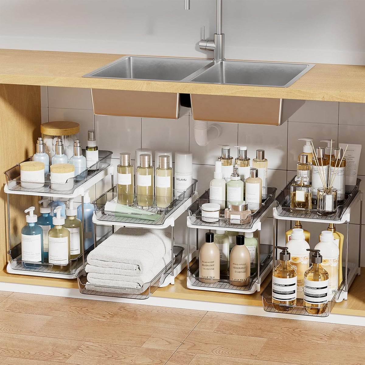 2-Tier Multi-Purpose Bathroom under Sink Organizers and Storage, Stackable Kitchen Pantry Organization, Pull Out Medicine Cabinet Organizer with Movable Dividers, White, 2 Pack