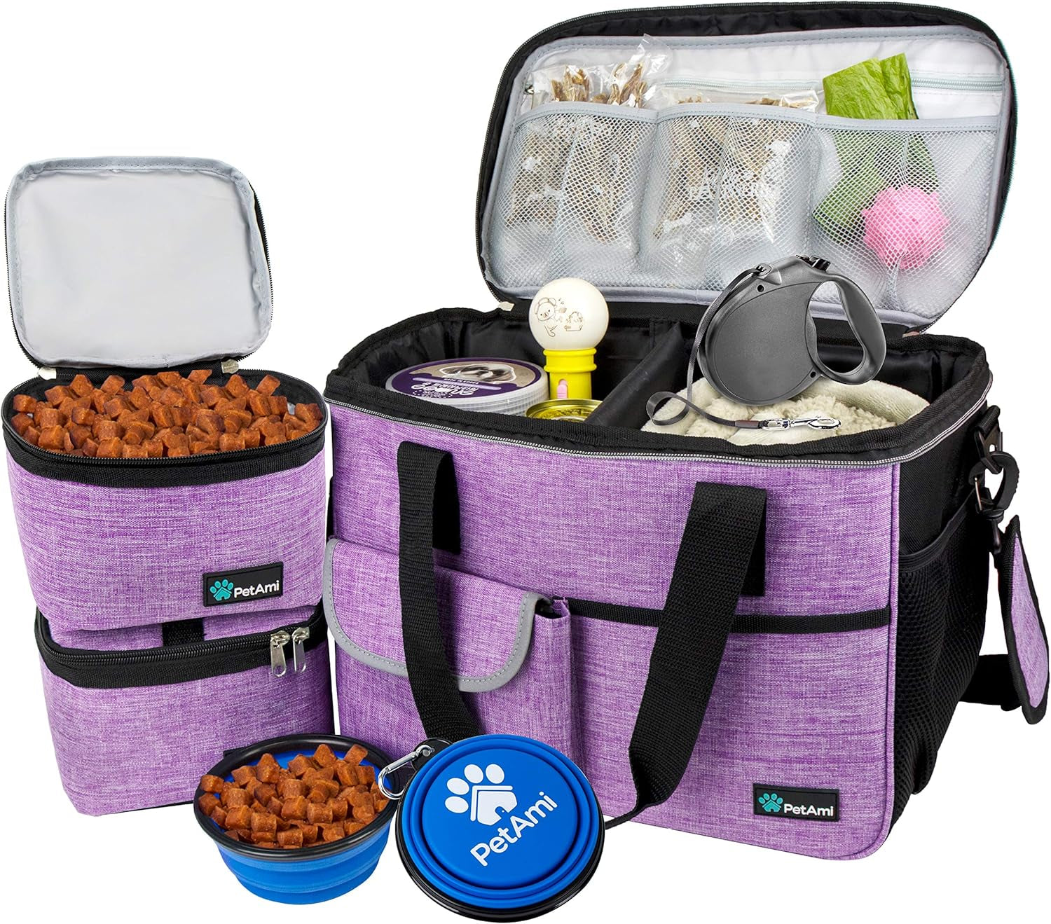 Dog Travel Bag Organizer, Pet Travel Kit with 2 Food Containers & 2 Collapsible Dog Bowls, Pet Supplies Tote with Luggage Sleeve, Weekend Road Trip Camping Essentials, Black, Medium