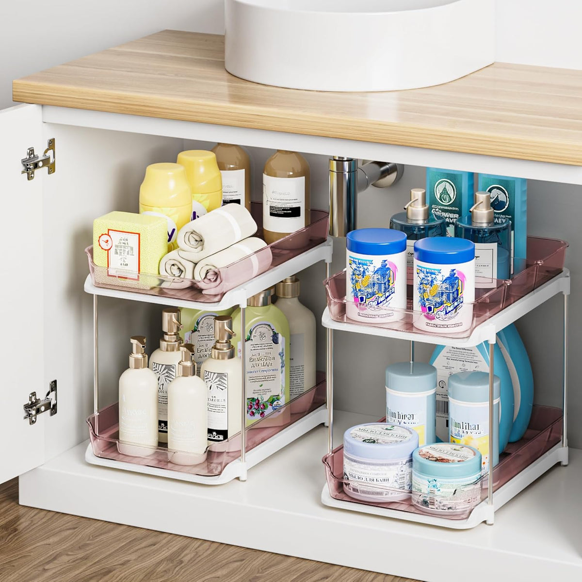 2-Tier Multi-Purpose Bathroom under Sink Organizers and Storage, Stackable Kitchen Pantry Organization, Pull Out Medicine Cabinet Organizer with Movable Dividers, White, 2 Pack
