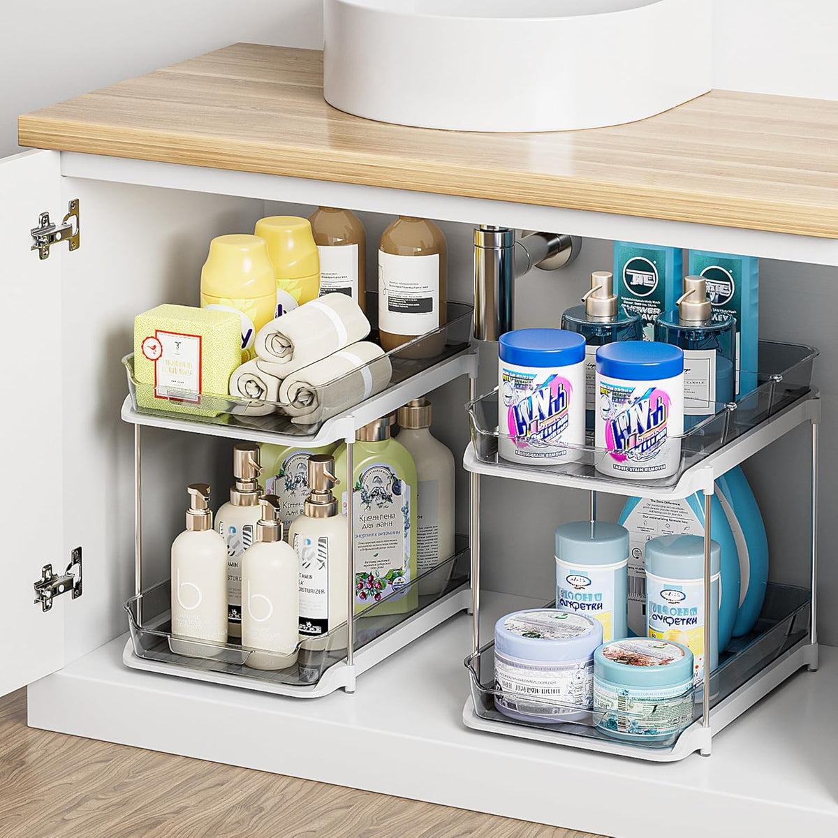 2-Tier Multi-Purpose Bathroom under Sink Organizers and Storage, Stackable Kitchen Pantry Organization, Pull Out Medicine Cabinet Organizer with Movable Dividers, White, 2 Pack