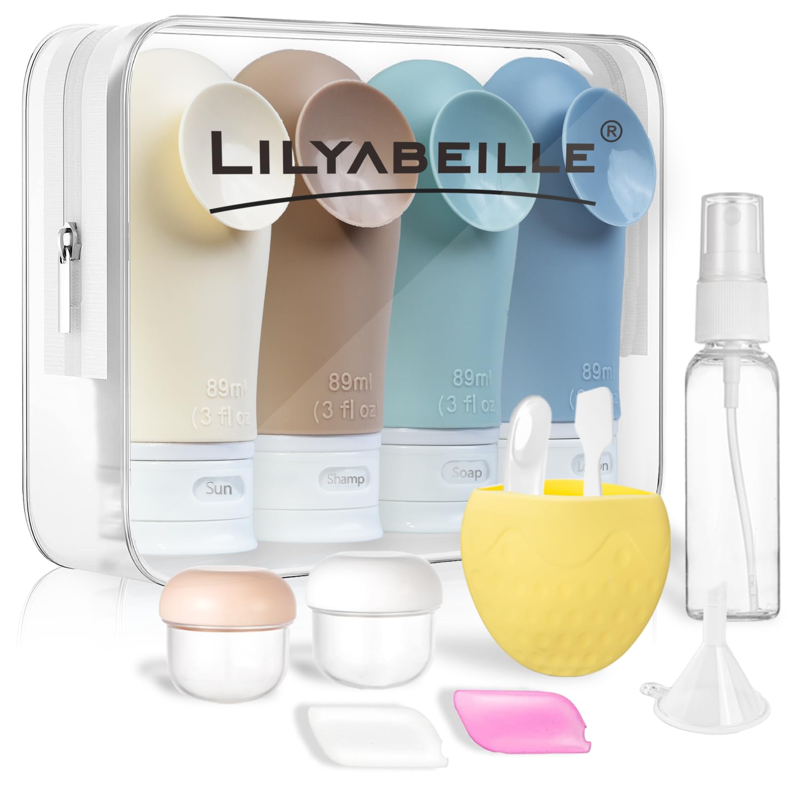 LilyAbeille 14Pcs Travel Bottles for ToiletriesLeak Proof Travel Containers kit with 3oz Suction Cup Travel bottles TSA Approved Essentials for women Must Haves Travel Accessories