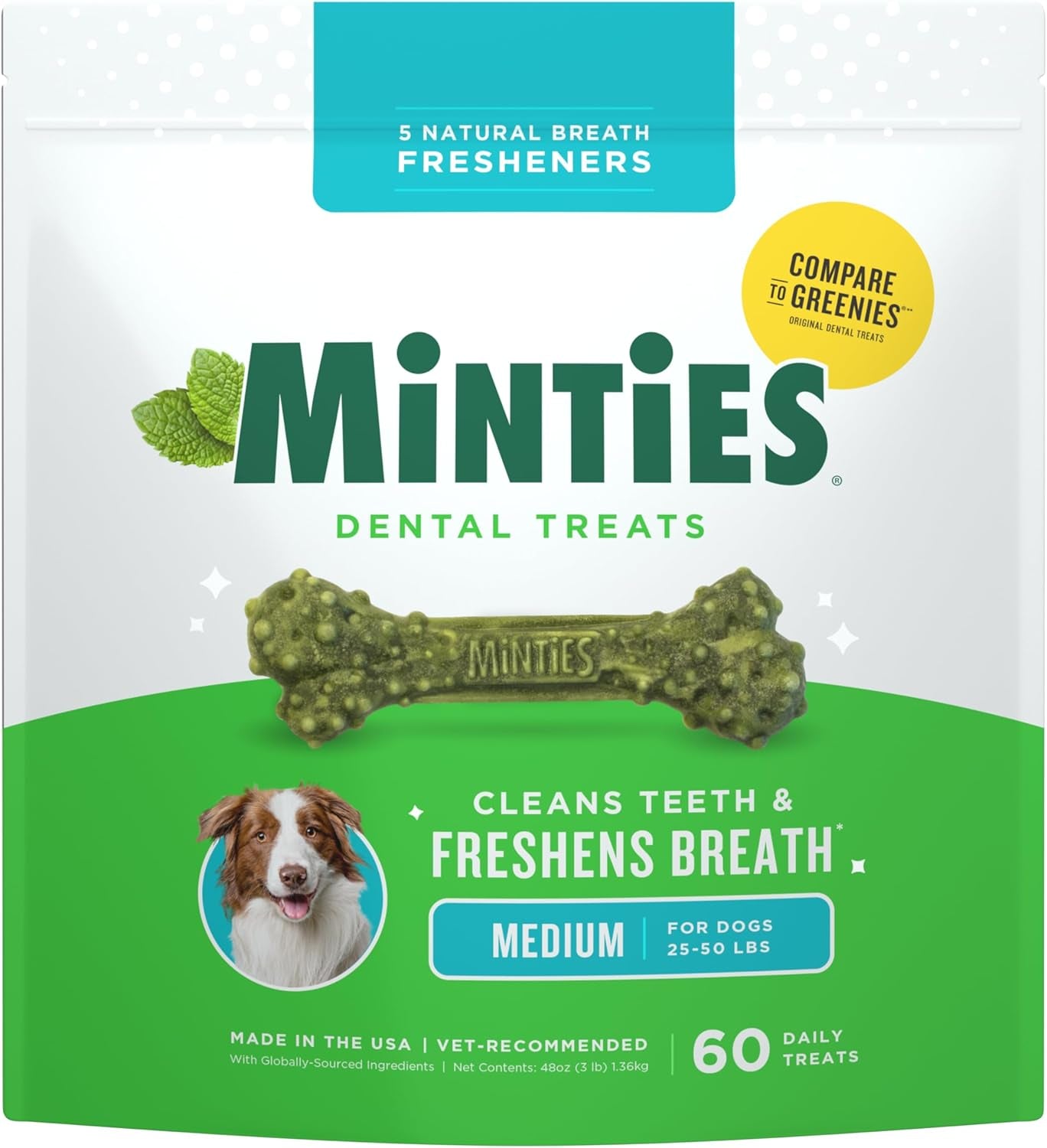 Dental Chews for Dogs, 20 Count, Vet-Recommended Mint-Flavored Dental Dog Treats for Medium Sizes 25-50 Lbs, Bones Clean Teeth, Fight Bad Breath, and Removes Plaque and Tartar