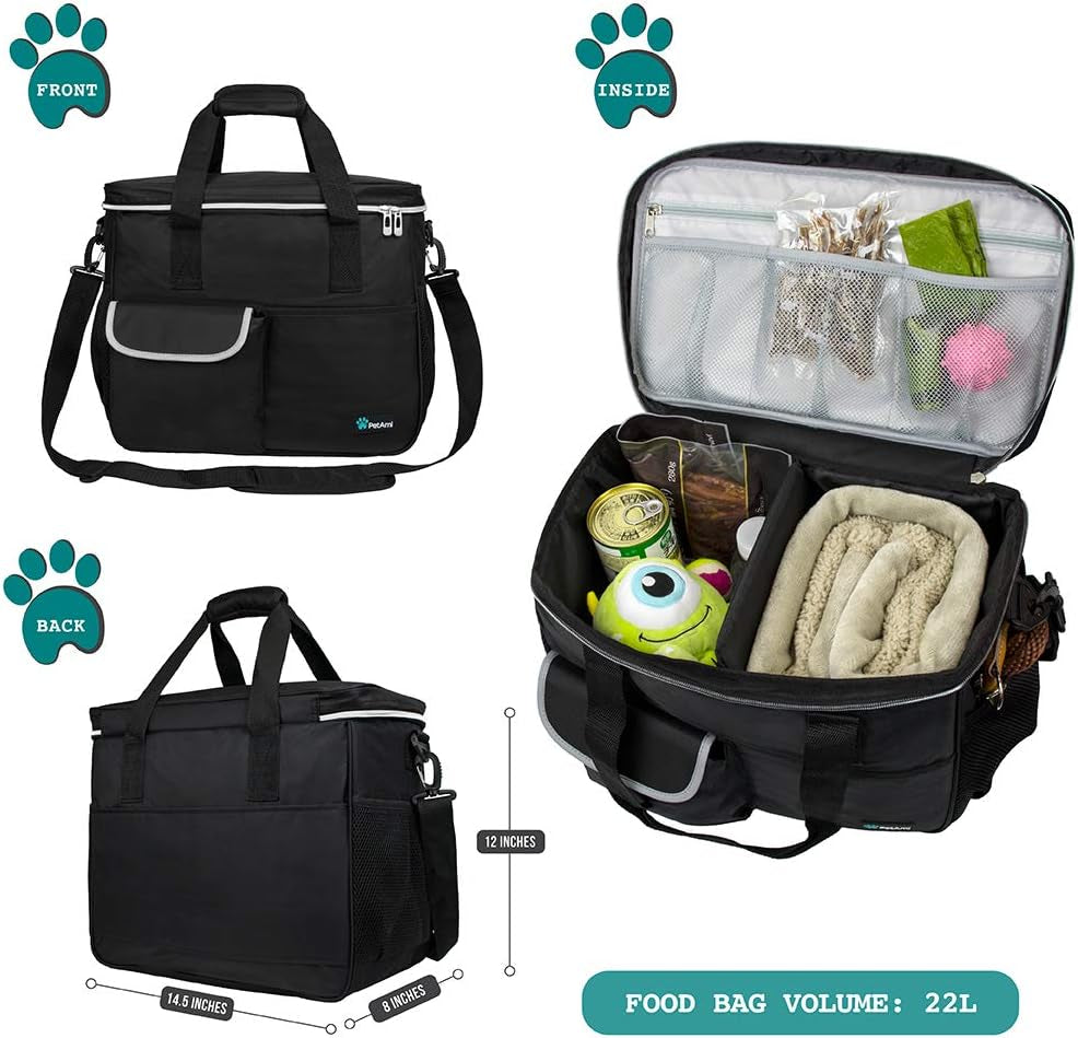 Dog Travel Bag Organizer, Pet Travel Kit with 2 Food Containers & 2 Collapsible Dog Bowls, Pet Supplies Tote with Luggage Sleeve, Weekend Road Trip Camping Essentials, Black, Medium