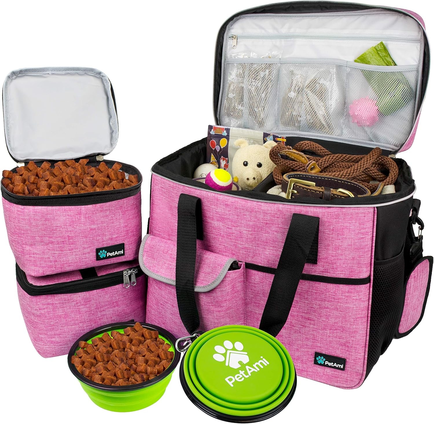 Dog Travel Bag Organizer, Pet Travel Kit with 2 Food Containers & 2 Collapsible Dog Bowls, Pet Supplies Tote with Luggage Sleeve, Weekend Road Trip Camping Essentials, Black, Medium
