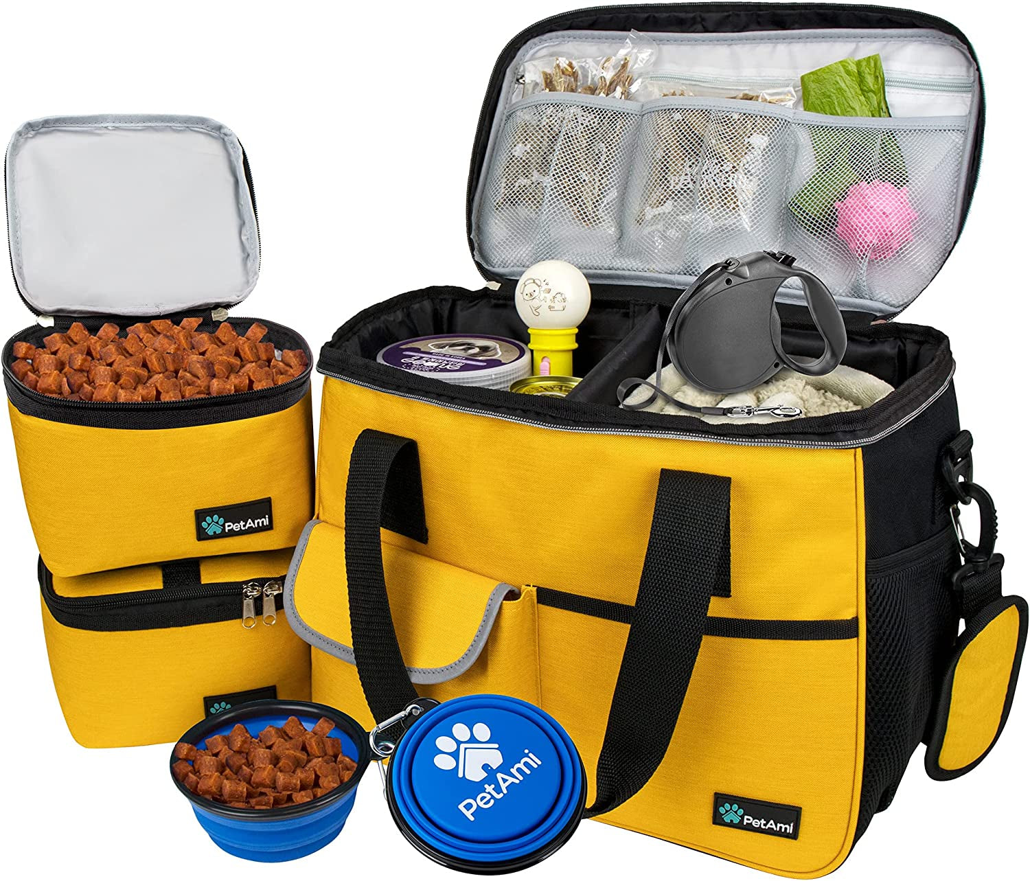 Dog Travel Bag Organizer, Pet Travel Kit with 2 Food Containers & 2 Collapsible Dog Bowls, Pet Supplies Tote with Luggage Sleeve, Weekend Road Trip Camping Essentials, Black, Medium