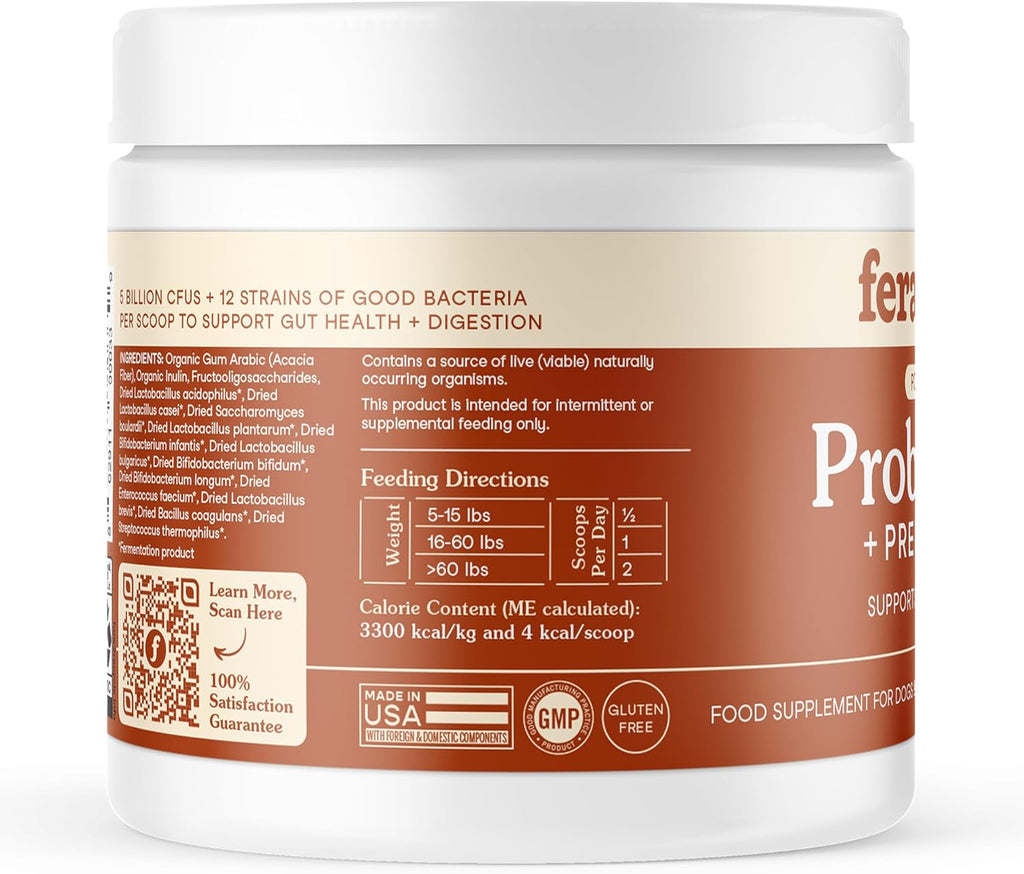 Organic Probiotics for Dogs & Cats with Prebiotics, 60 Scoops | USDA Organic Gut Health Powder Supplement with 12 Strains and 5 Billion Cfus for Immunity, Energy and Skin & Coat Health