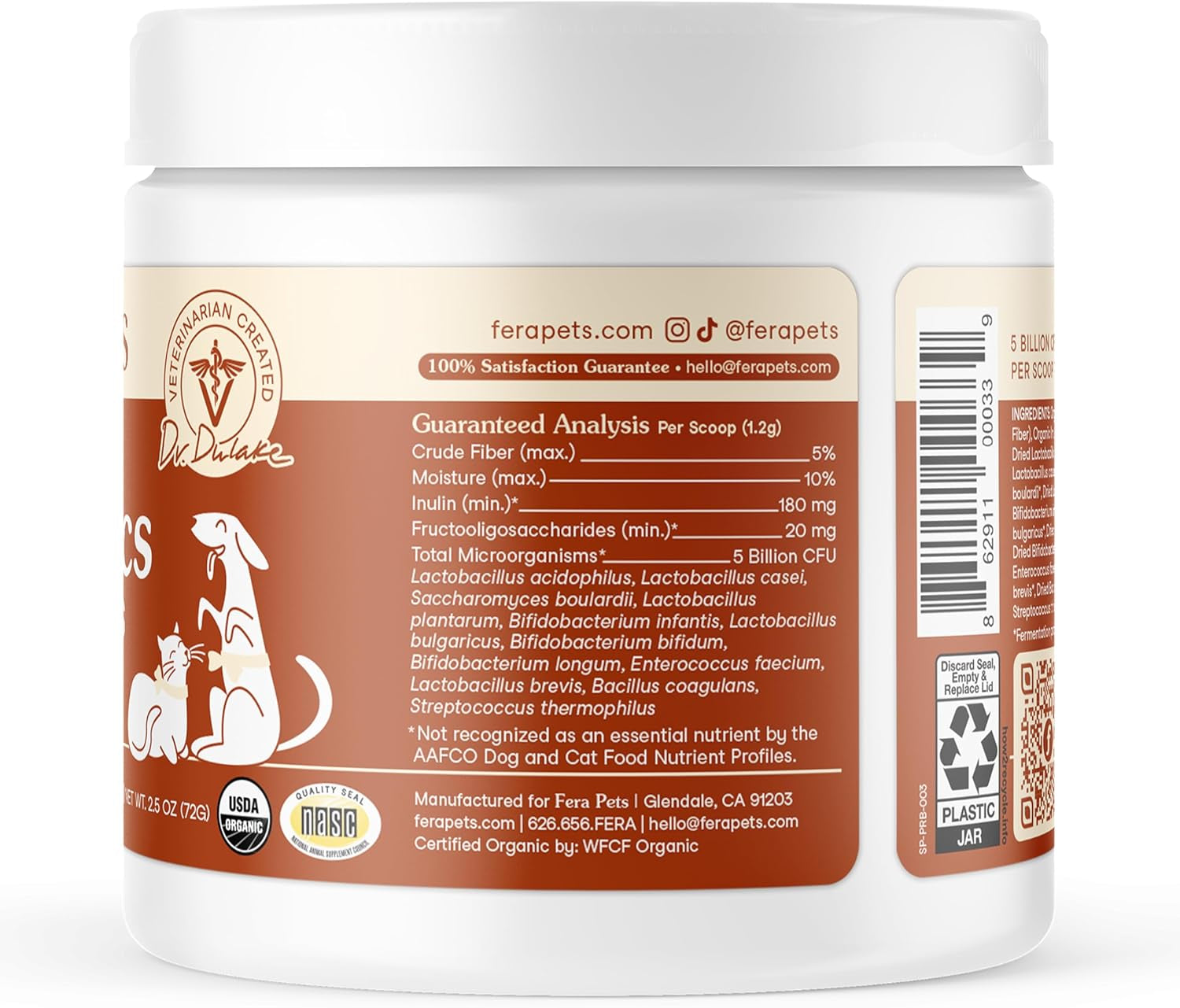 Organic Probiotics for Dogs & Cats with Prebiotics, 60 Scoops | USDA Organic Gut Health Powder Supplement with 12 Strains and 5 Billion Cfus for Immunity, Energy and Skin & Coat Health