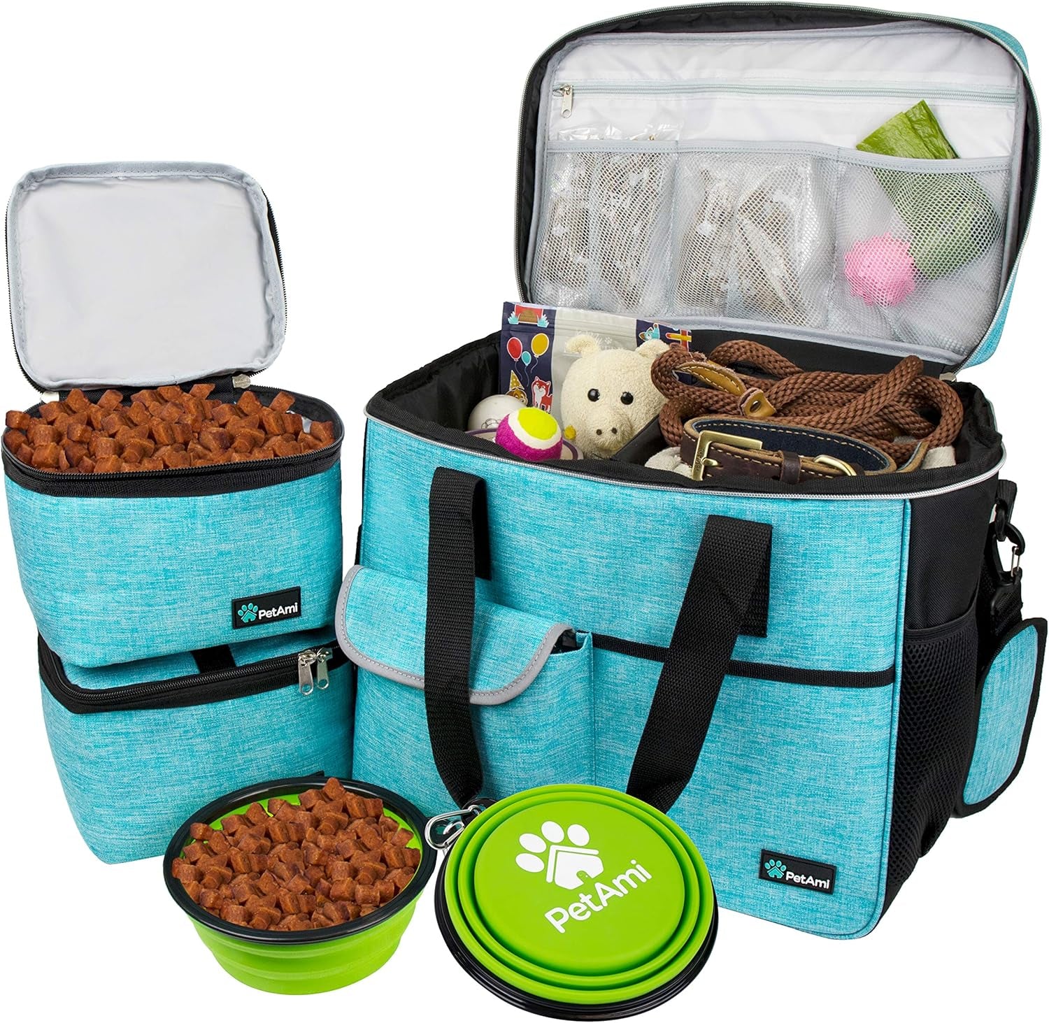 Dog Travel Bag Organizer, Pet Travel Kit with 2 Food Containers & 2 Collapsible Dog Bowls, Pet Supplies Tote with Luggage Sleeve, Weekend Road Trip Camping Essentials, Black, Medium