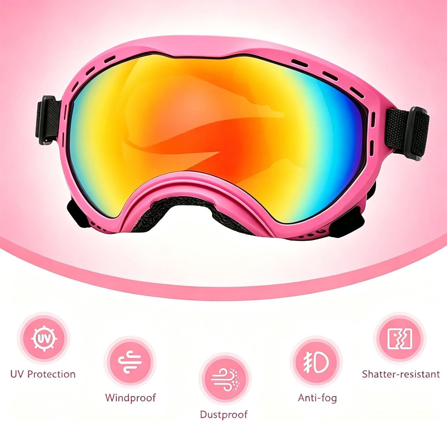 Dog Goggles for Medium to Large Breeds, UV Protection Dog Sunglasses with Colored PC Lens, Soft TPU Frame and Adjustable Straps, Windproof Dustproof Anti-Fog Pet Eyewear for Outdoor Activities (Pink)
