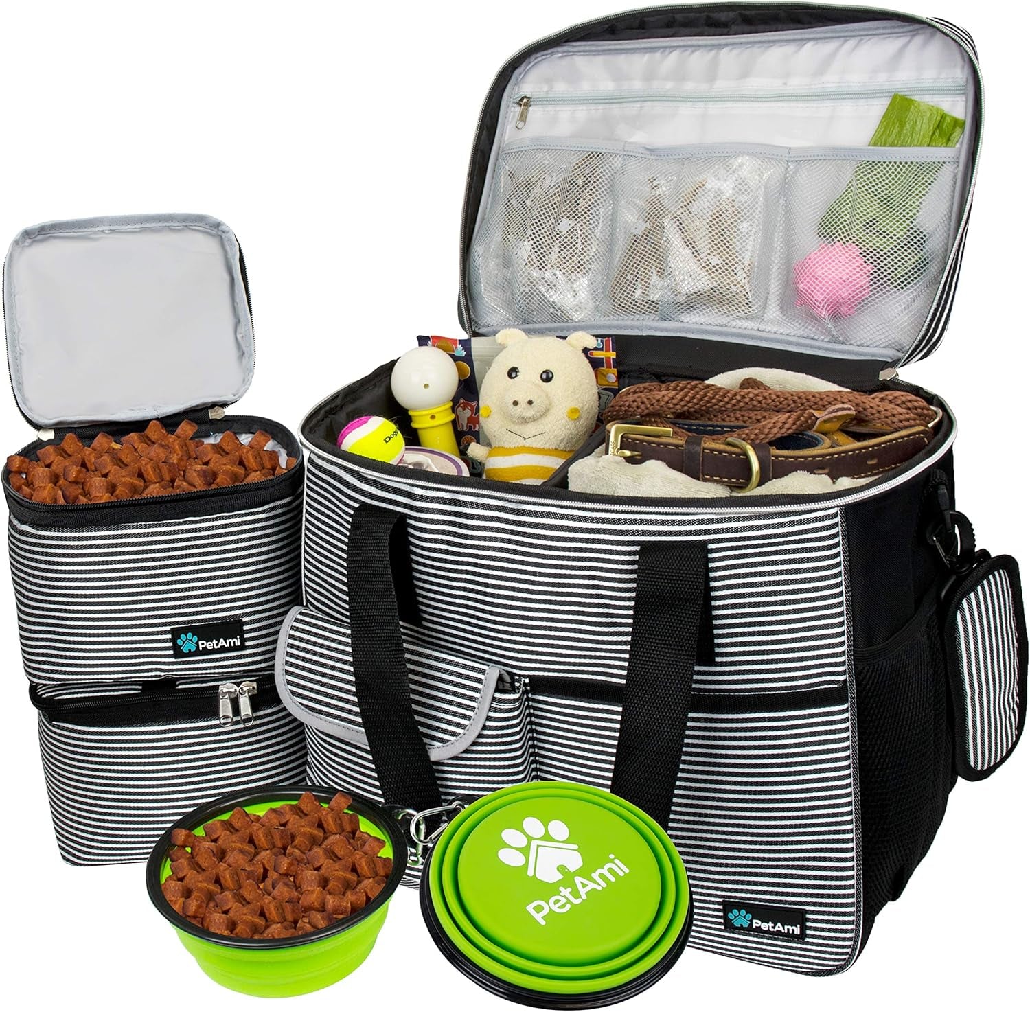 Dog Travel Bag Organizer, Pet Travel Kit with 2 Food Containers & 2 Collapsible Dog Bowls, Pet Supplies Tote with Luggage Sleeve, Weekend Road Trip Camping Essentials, Black, Medium