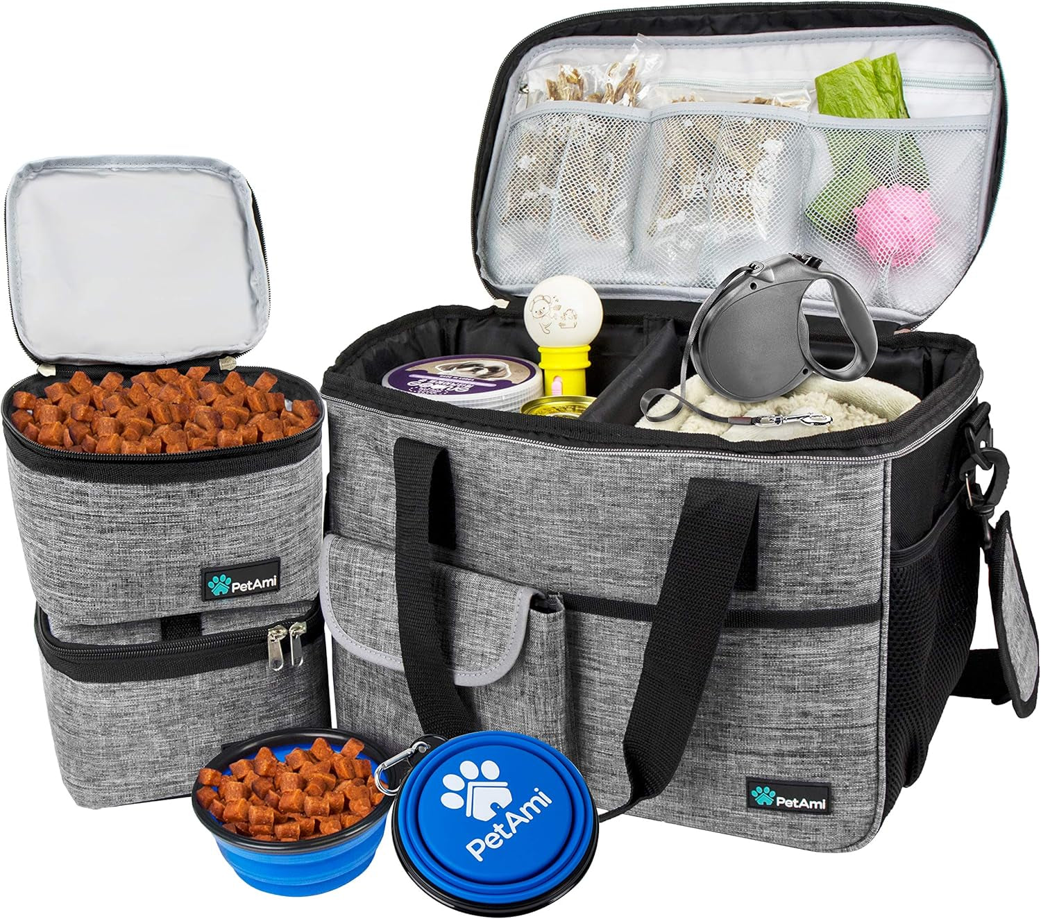 Dog Travel Bag Organizer, Pet Travel Kit with 2 Food Containers & 2 Collapsible Dog Bowls, Pet Supplies Tote with Luggage Sleeve, Weekend Road Trip Camping Essentials, Black, Medium