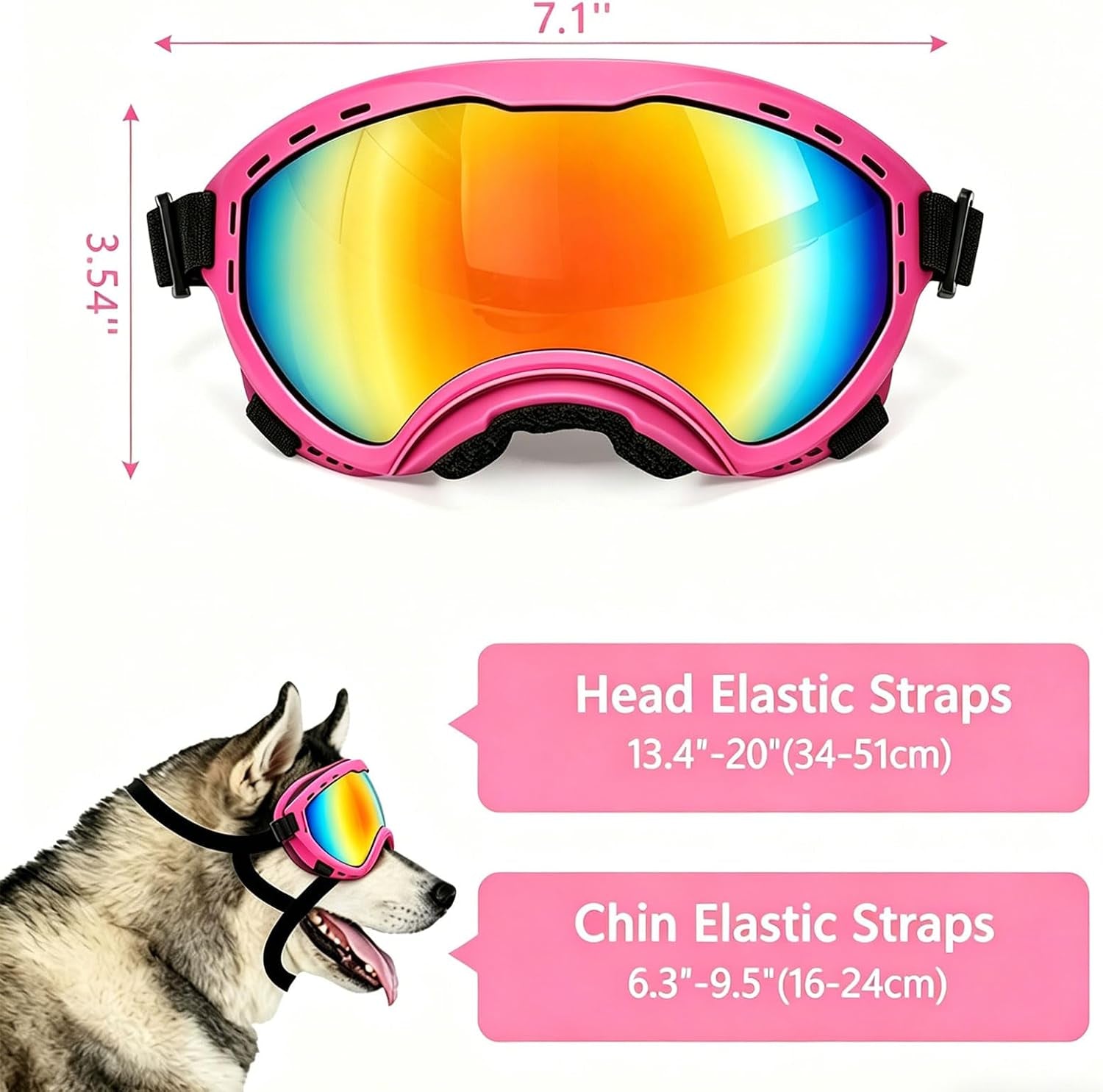 Dog Goggles for Medium to Large Breeds, UV Protection Dog Sunglasses with Colored PC Lens, Soft TPU Frame and Adjustable Straps, Windproof Dustproof Anti-Fog Pet Eyewear for Outdoor Activities (Pink)