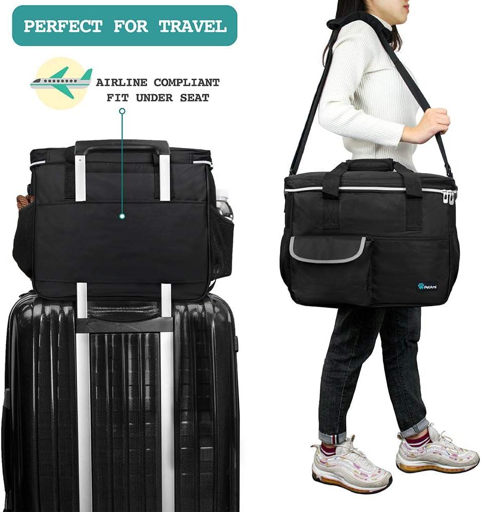 Dog Travel Bag Organizer, Pet Travel Kit with 2 Food Containers & 2 Collapsible Dog Bowls, Pet Supplies Tote with Luggage Sleeve, Weekend Road Trip Camping Essentials, Black, Medium