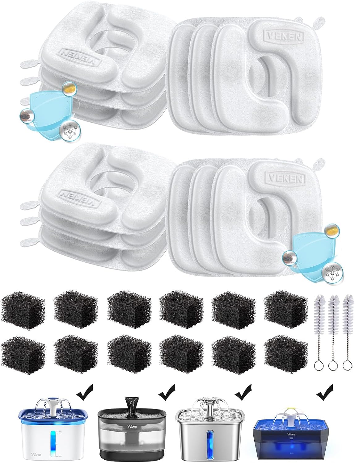 Cat Water Fountain Filters, 8 Pack Replacement Filters & 8 Pack Replacement Pre-Filter Sponges Set for 50Oz, 84Oz, 95Oz or 108Oz Automatic Pet Fountain Dog Water Dispenser