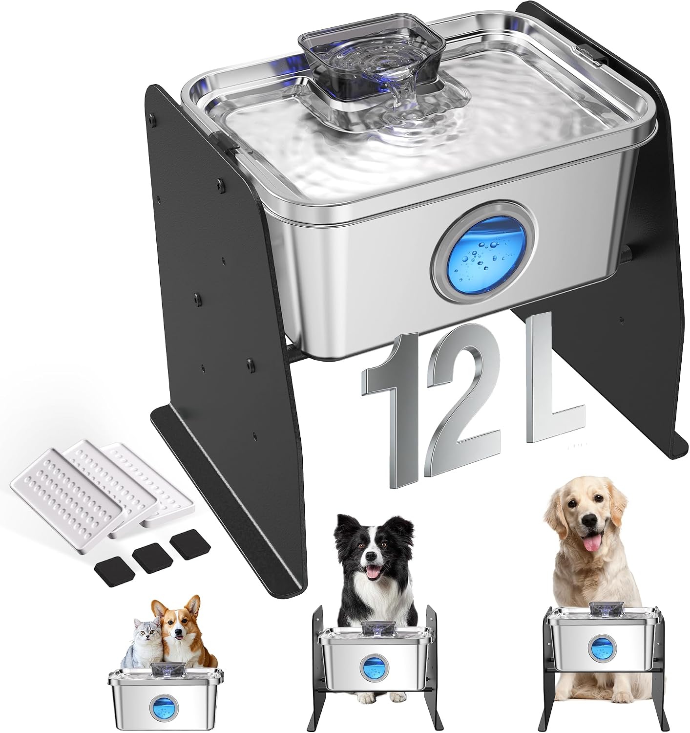 12L Dog Water Fountain, Stainless Steel Pet Water Fountain for Large Dogs Cats Multi-Pet Home, Quiet Dog Fountain Water Bowl with 3 Filters, Visible Window, Wide Deeper Drinking Area, Easy to Clean