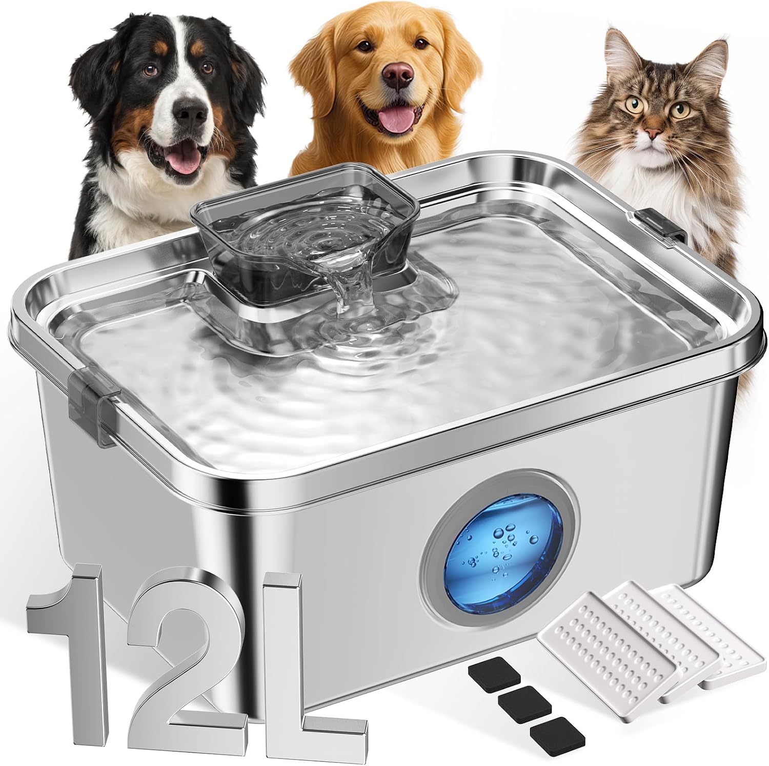 12L Dog Water Fountain, Stainless Steel Pet Water Fountain for Large Dogs Cats Multi-Pet Home, Quiet Dog Fountain Water Bowl with 3 Filters, Visible Window, Wide Deeper Drinking Area, Easy to Clean