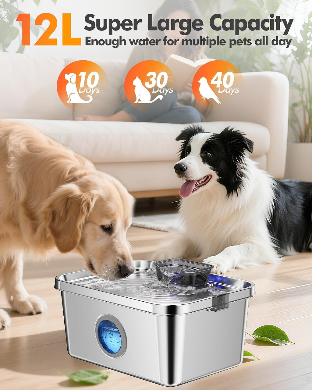 12L Dog Water Fountain, Stainless Steel Pet Water Fountain for Large Dogs Cats Multi-Pet Home, Quiet Dog Fountain Water Bowl with 3 Filters, Visible Window, Wide Deeper Drinking Area, Easy to Clean