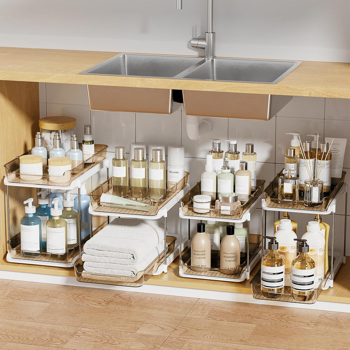 2-Tier Multi-Purpose Bathroom under Sink Organizers and Storage, Stackable Kitchen Pantry Organization, Pull Out Medicine Cabinet Organizer with Movable Dividers, White, 2 Pack