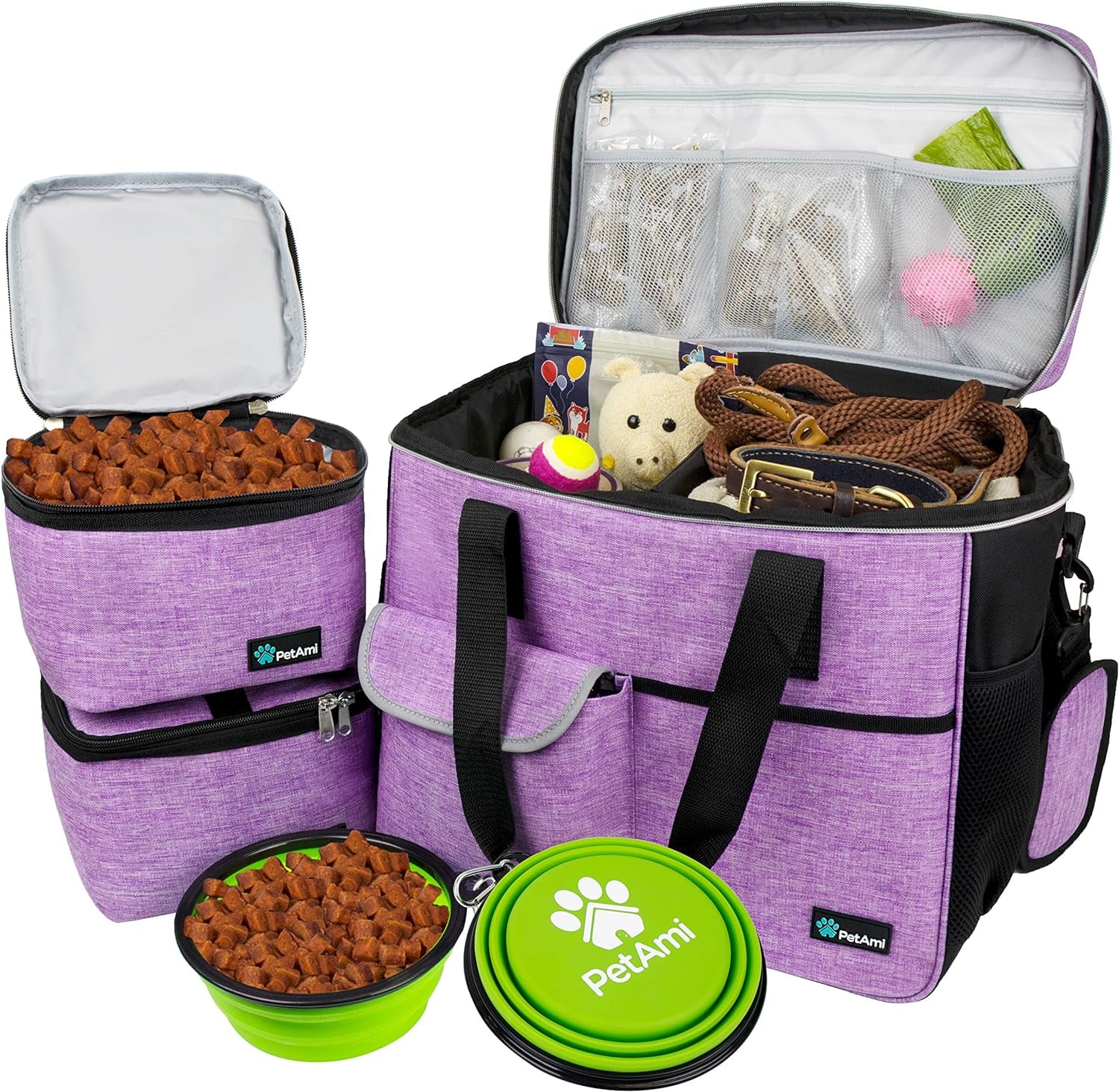 Dog Travel Bag Organizer, Pet Travel Kit with 2 Food Containers & 2 Collapsible Dog Bowls, Pet Supplies Tote with Luggage Sleeve, Weekend Road Trip Camping Essentials, Black, Medium
