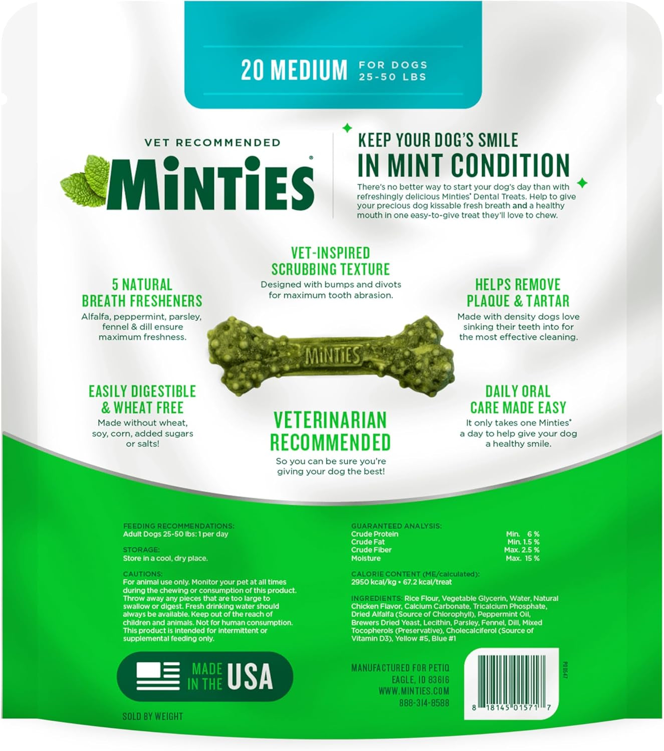 Dental Chews for Dogs, 20 Count, Vet-Recommended Mint-Flavored Dental Dog Treats for Medium Sizes 25-50 Lbs, Bones Clean Teeth, Fight Bad Breath, and Removes Plaque and Tartar