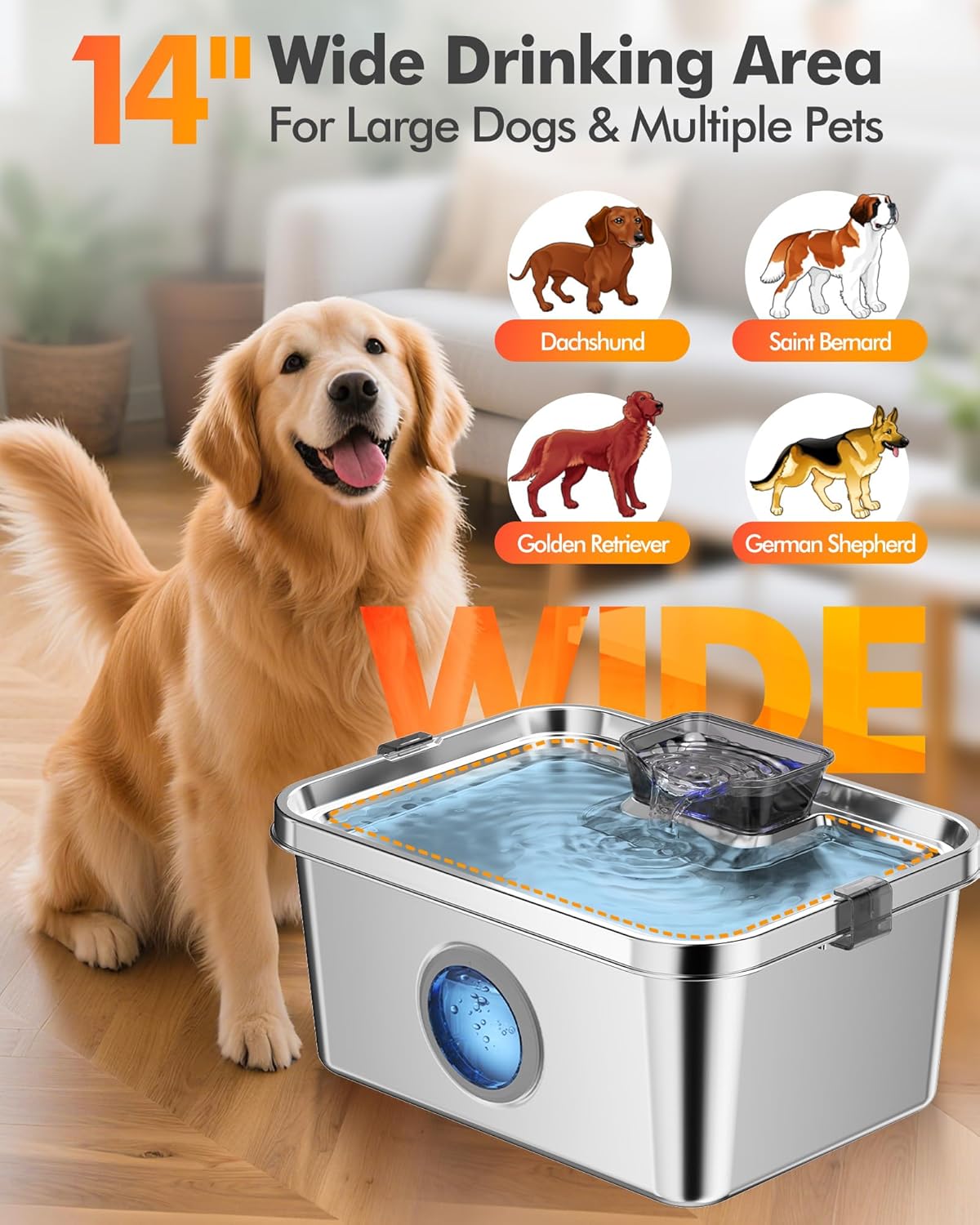12L Dog Water Fountain, Stainless Steel Pet Water Fountain for Large Dogs Cats Multi-Pet Home, Quiet Dog Fountain Water Bowl with 3 Filters, Visible Window, Wide Deeper Drinking Area, Easy to Clean