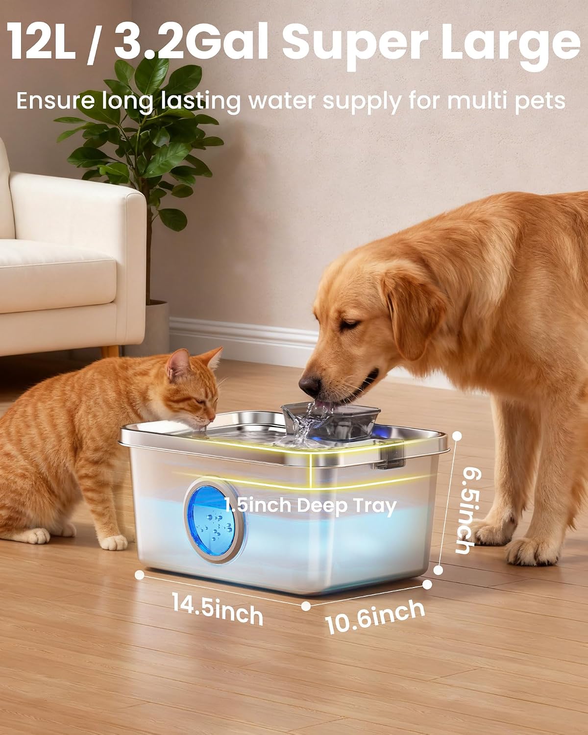 12L Dog Water Fountain, Stainless Steel Pet Water Fountain for Large Dogs Cats Multi-Pet Home, Quiet Dog Fountain Water Bowl with 3 Filters, Visible Window, Wide Deeper Drinking Area, Easy to Clean