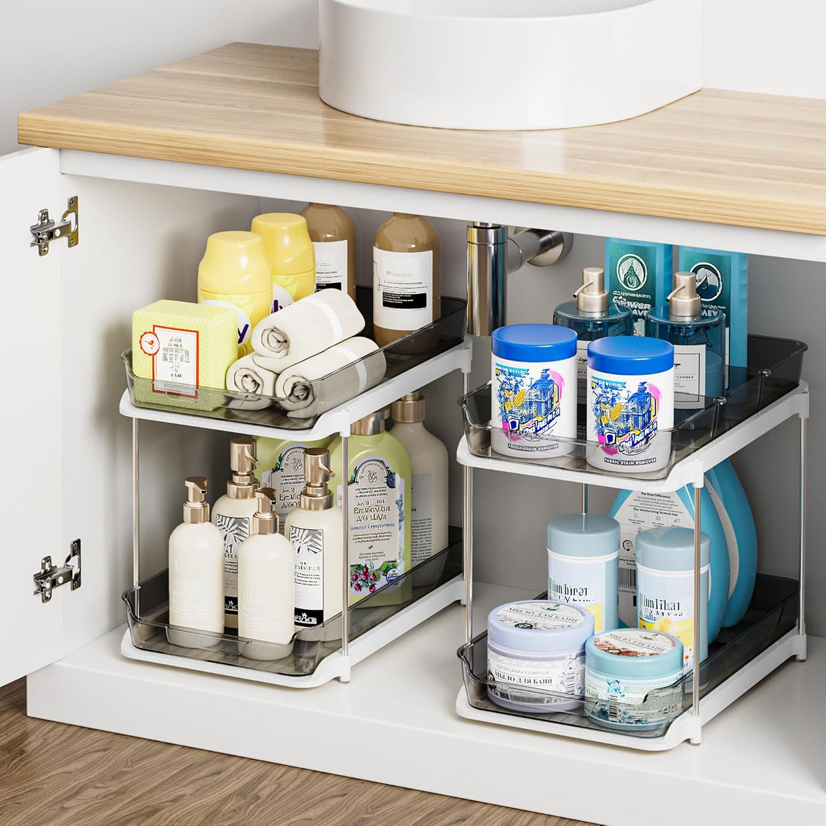 2-Tier Multi-Purpose Bathroom under Sink Organizers and Storage, Stackable Kitchen Pantry Organization, Pull Out Medicine Cabinet Organizer with Movable Dividers, White, 2 Pack