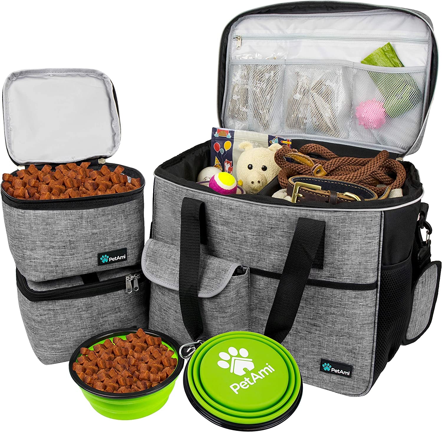 Dog Travel Bag Organizer, Pet Travel Kit with 2 Food Containers & 2 Collapsible Dog Bowls, Pet Supplies Tote with Luggage Sleeve, Weekend Road Trip Camping Essentials, Black, Medium