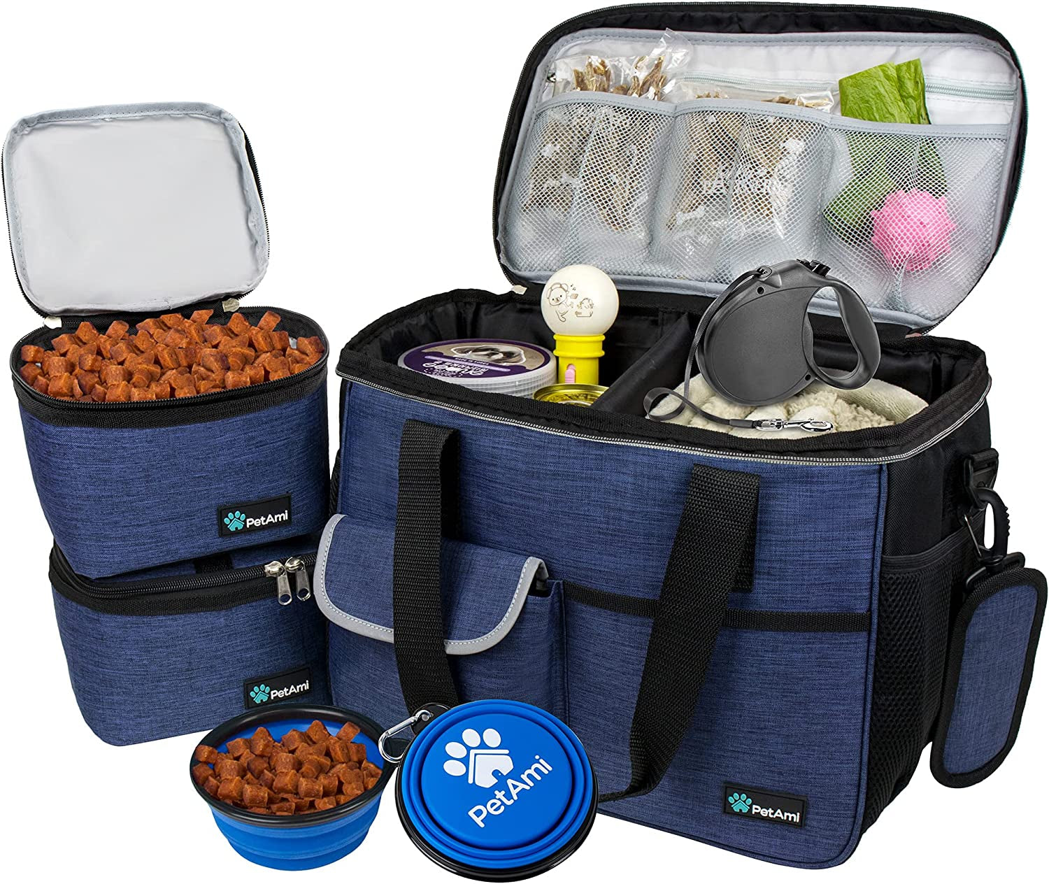 Dog Travel Bag Organizer, Pet Travel Kit with 2 Food Containers & 2 Collapsible Dog Bowls, Pet Supplies Tote with Luggage Sleeve, Weekend Road Trip Camping Essentials, Black, Medium