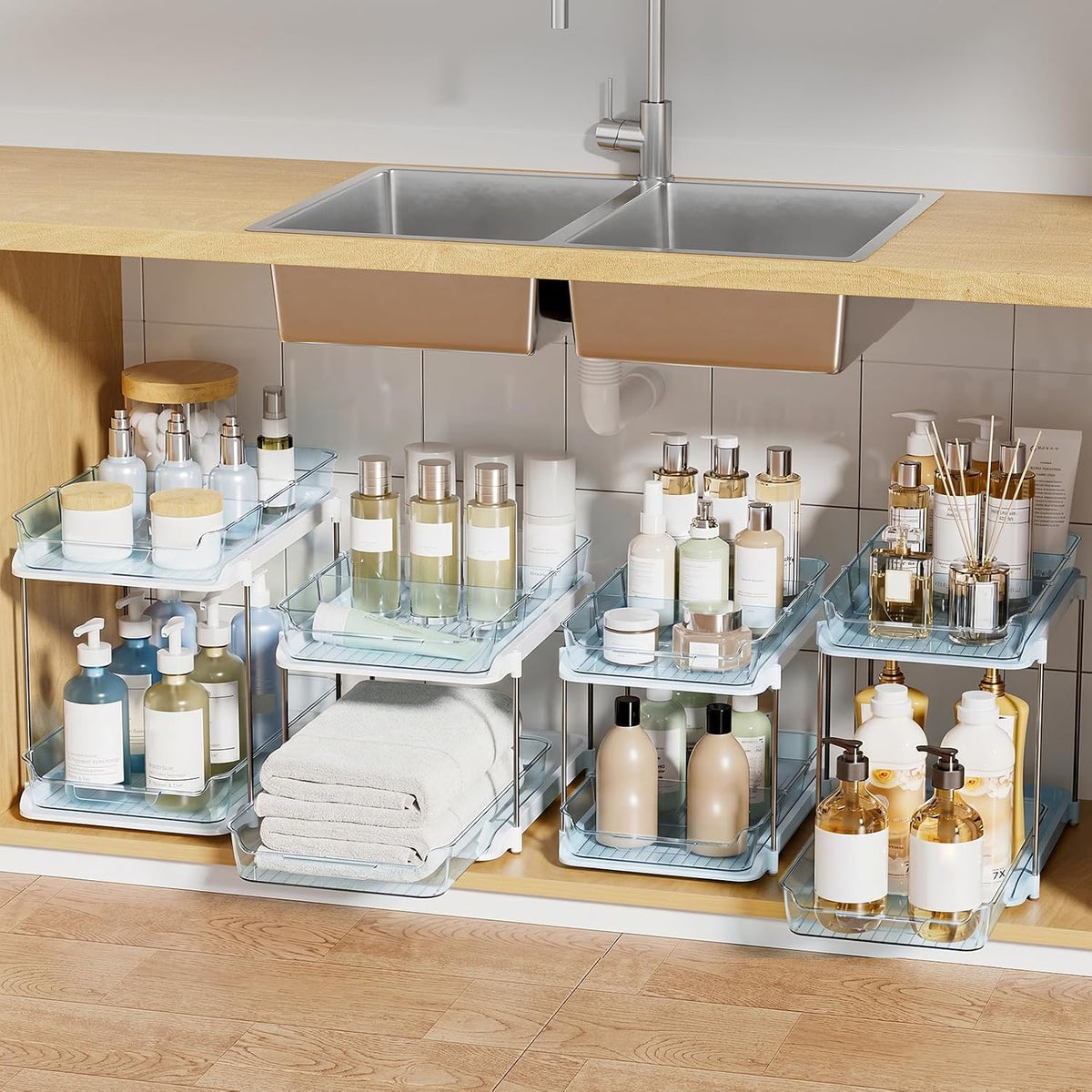 2-Tier Multi-Purpose Bathroom under Sink Organizers and Storage, Stackable Kitchen Pantry Organization, Pull Out Medicine Cabinet Organizer with Movable Dividers, White, 2 Pack