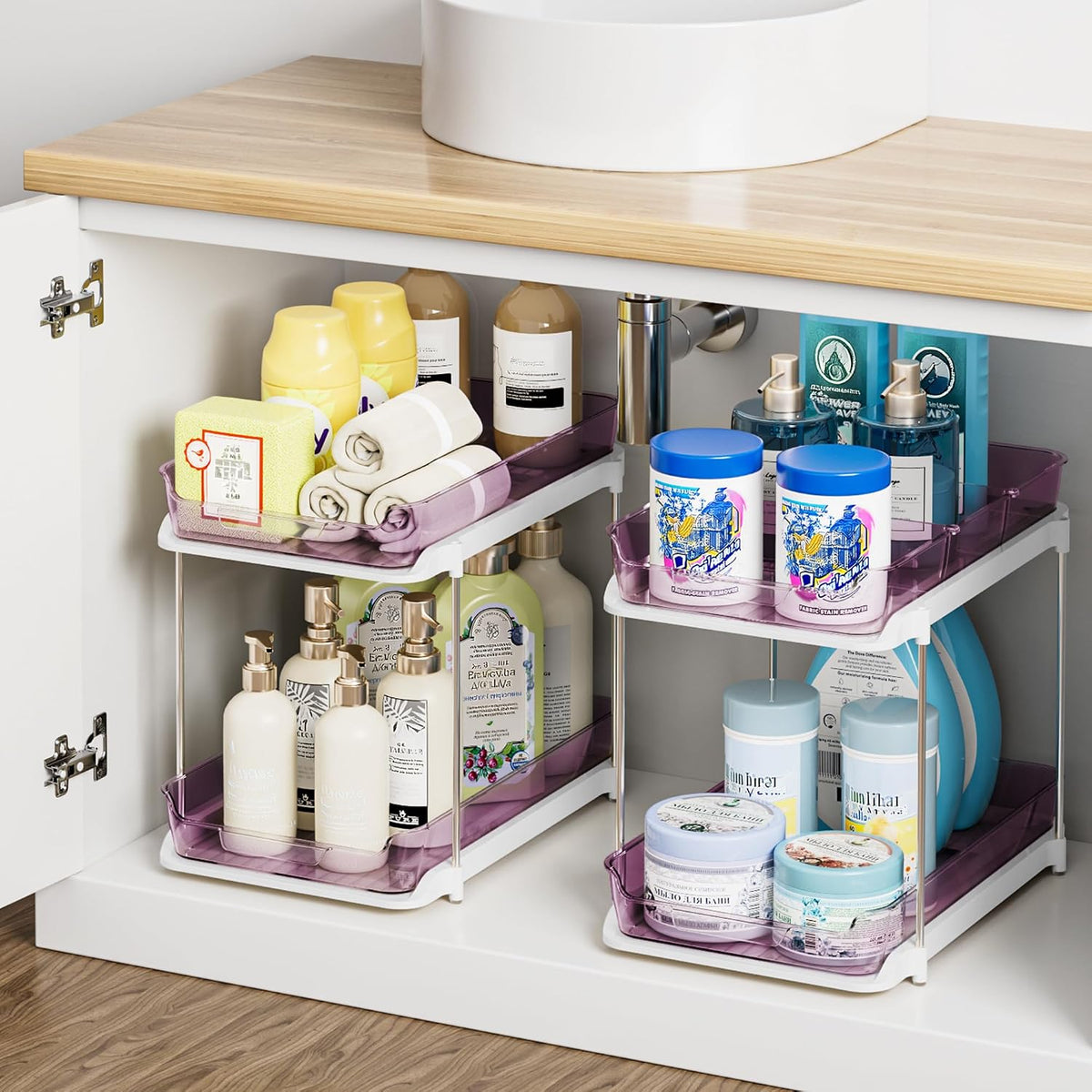 2-Tier Multi-Purpose Bathroom under Sink Organizers and Storage, Stackable Kitchen Pantry Organization, Pull Out Medicine Cabinet Organizer with Movable Dividers, White, 2 Pack