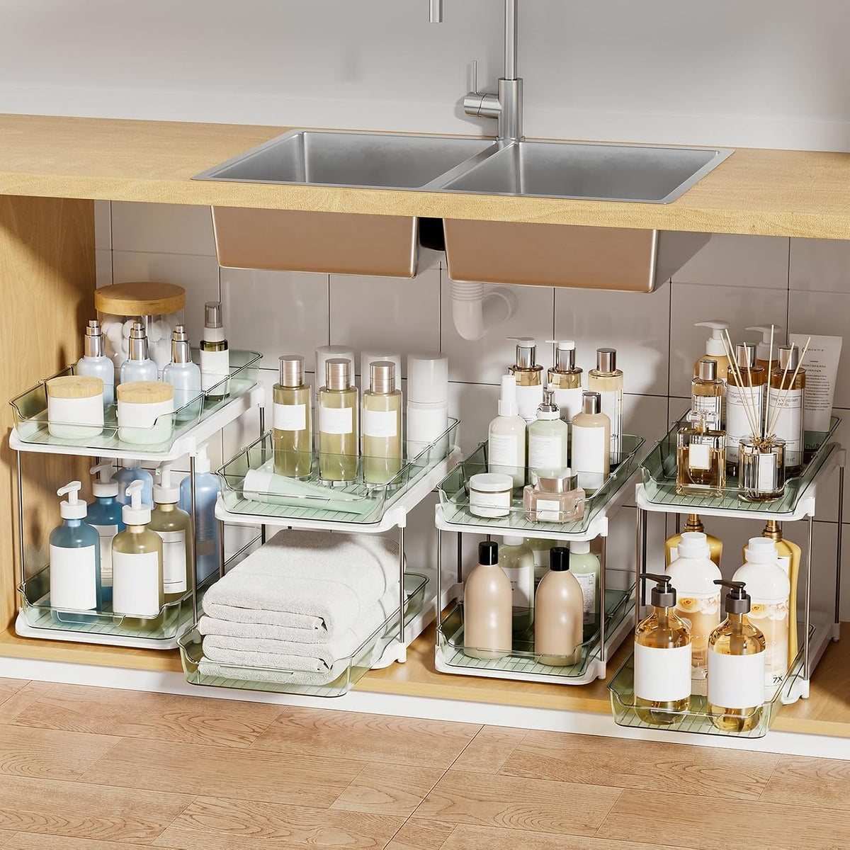 2-Tier Multi-Purpose Bathroom under Sink Organizers and Storage, Stackable Kitchen Pantry Organization, Pull Out Medicine Cabinet Organizer with Movable Dividers, White, 2 Pack