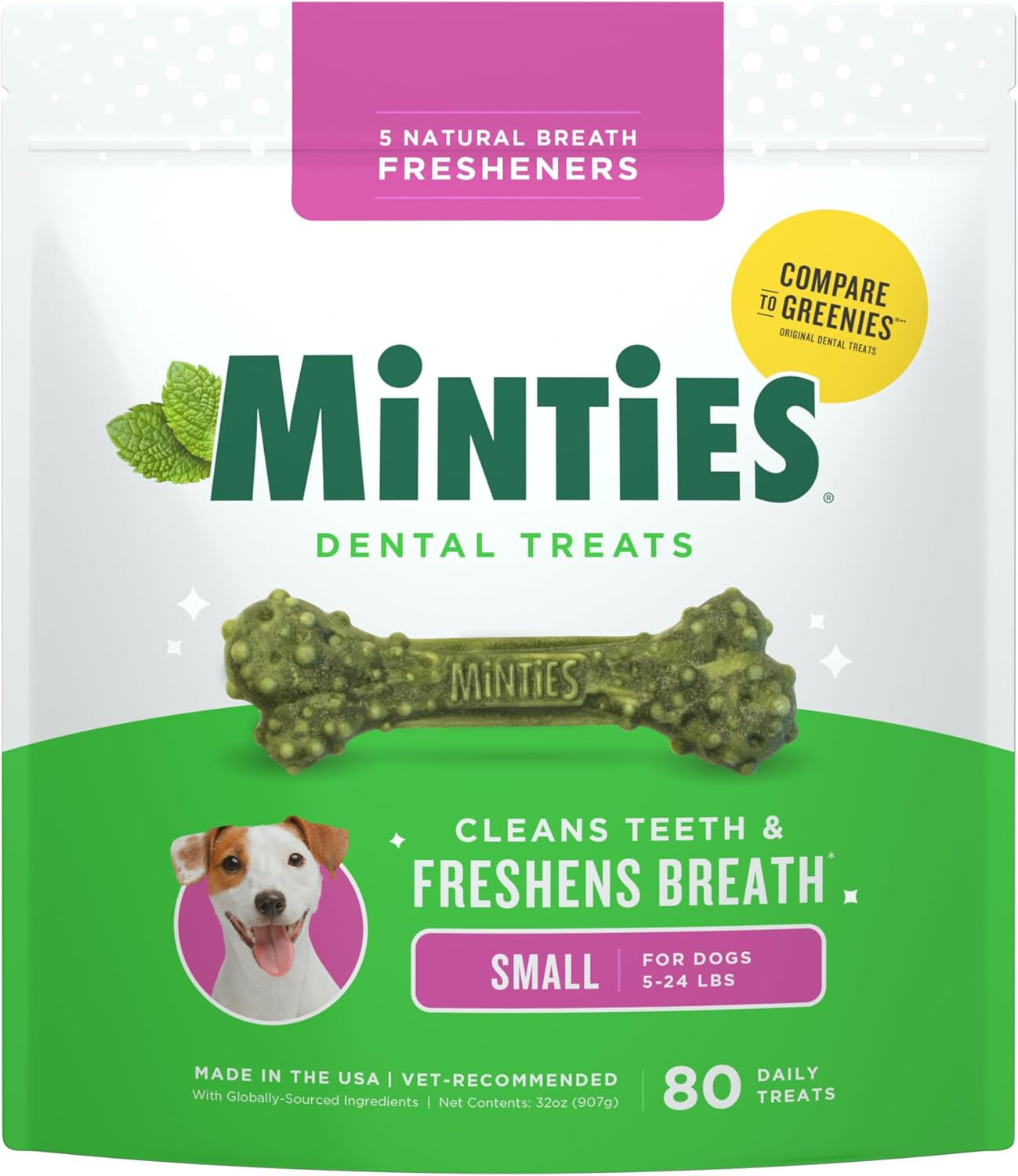 Dental Chews for Dogs, 20 Count, Vet-Recommended Mint-Flavored Dental Dog Treats for Medium Sizes 25-50 Lbs, Bones Clean Teeth, Fight Bad Breath, and Removes Plaque and Tartar