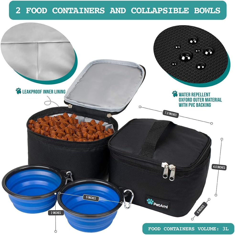 Dog Travel Bag Organizer, Pet Travel Kit with 2 Food Containers & 2 Collapsible Dog Bowls, Pet Supplies Tote with Luggage Sleeve, Weekend Road Trip Camping Essentials, Black, Medium