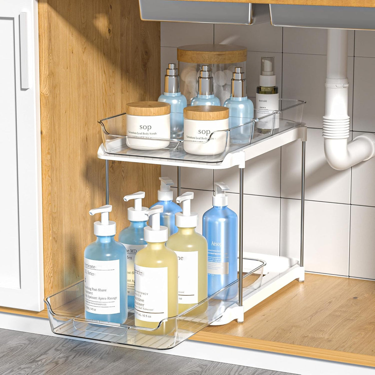 2-Tier Multi-Purpose Bathroom under Sink Organizers and Storage, Stackable Kitchen Pantry Organization, Pull Out Medicine Cabinet Organizer with Movable Dividers, White, 2 Pack