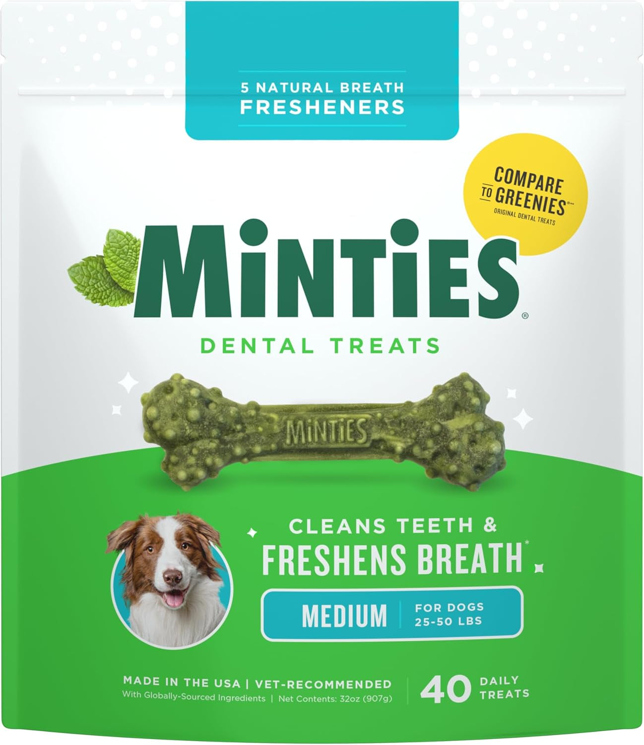 Dental Chews for Dogs, 20 Count, Vet-Recommended Mint-Flavored Dental Dog Treats for Medium Sizes 25-50 Lbs, Bones Clean Teeth, Fight Bad Breath, and Removes Plaque and Tartar