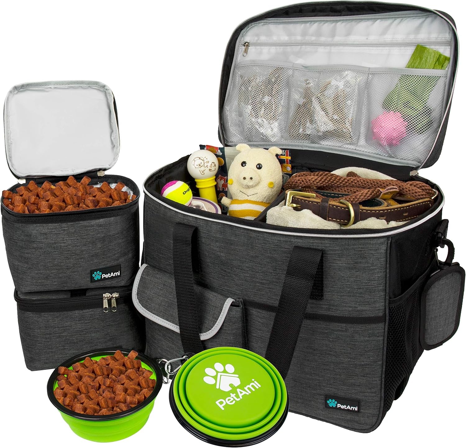 Dog Travel Bag Organizer, Pet Travel Kit with 2 Food Containers & 2 Collapsible Dog Bowls, Pet Supplies Tote with Luggage Sleeve, Weekend Road Trip Camping Essentials, Black, Medium