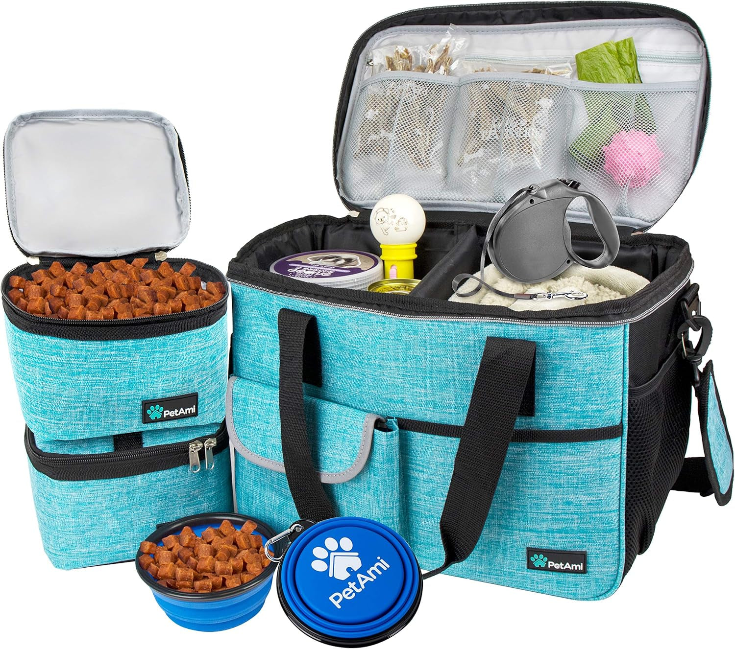 Dog Travel Bag Organizer, Pet Travel Kit with 2 Food Containers & 2 Collapsible Dog Bowls, Pet Supplies Tote with Luggage Sleeve, Weekend Road Trip Camping Essentials, Black, Medium