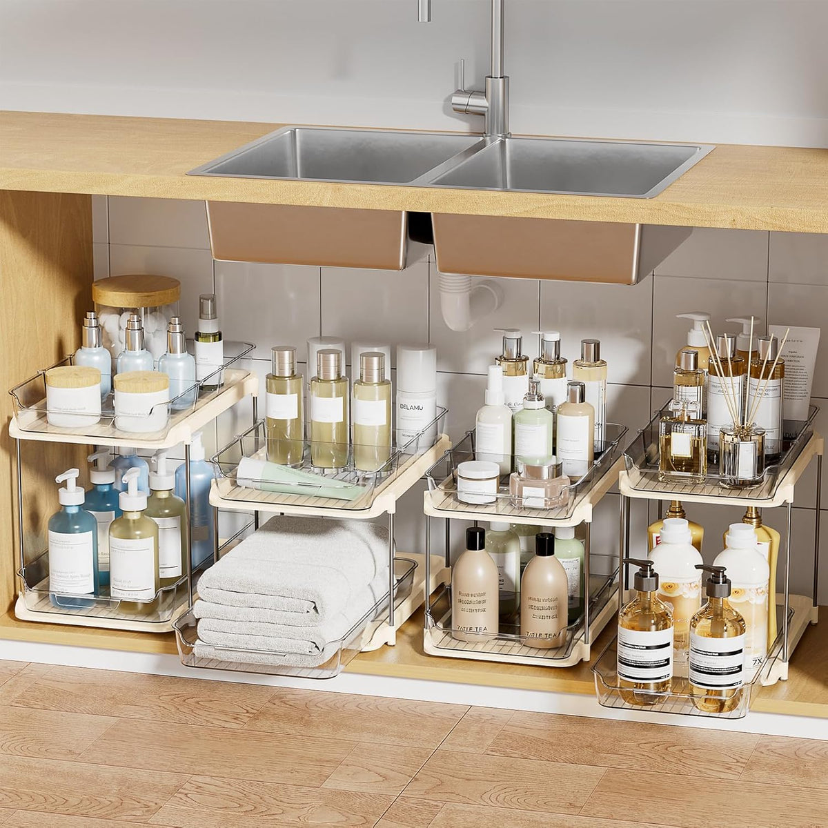 2-Tier Multi-Purpose Bathroom under Sink Organizers and Storage, Stackable Kitchen Pantry Organization, Pull Out Medicine Cabinet Organizer with Movable Dividers, White, 2 Pack