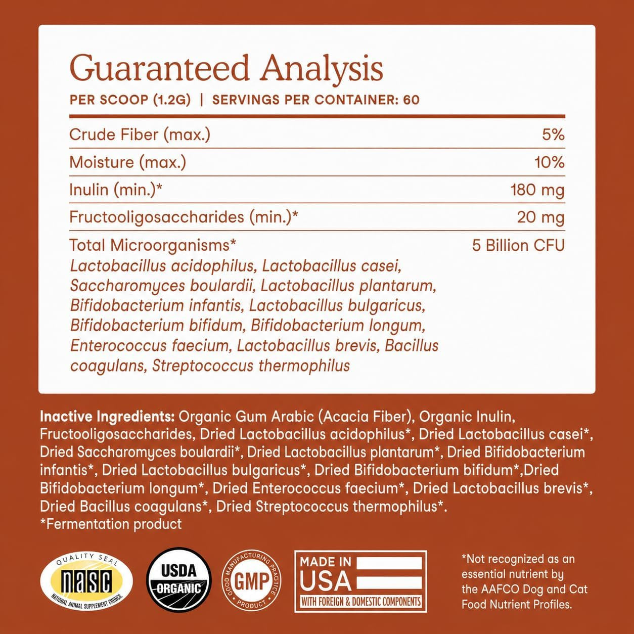 Organic Probiotics for Dogs & Cats with Prebiotics, 60 Scoops | USDA Organic Gut Health Powder Supplement with 12 Strains and 5 Billion Cfus for Immunity, Energy and Skin & Coat Health
