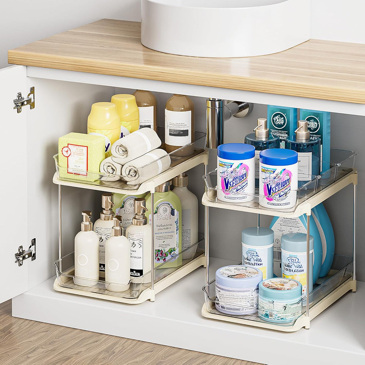 2-Tier Multi-Purpose Bathroom under Sink Organizers and Storage, Stackable Kitchen Pantry Organization, Pull Out Medicine Cabinet Organizer with Movable Dividers, White, 2 Pack