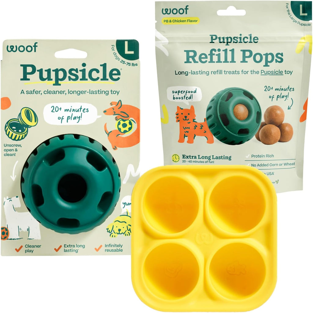 Starter Pack - Interactive Dog Ball Toy for Boredom - Dog Treat Molds Silicone - Chicken-Flavored Healthy Treats for Dogs - Pupsicle Doggy Enrichment Toy - for Large Pups - 25-75 Lbs